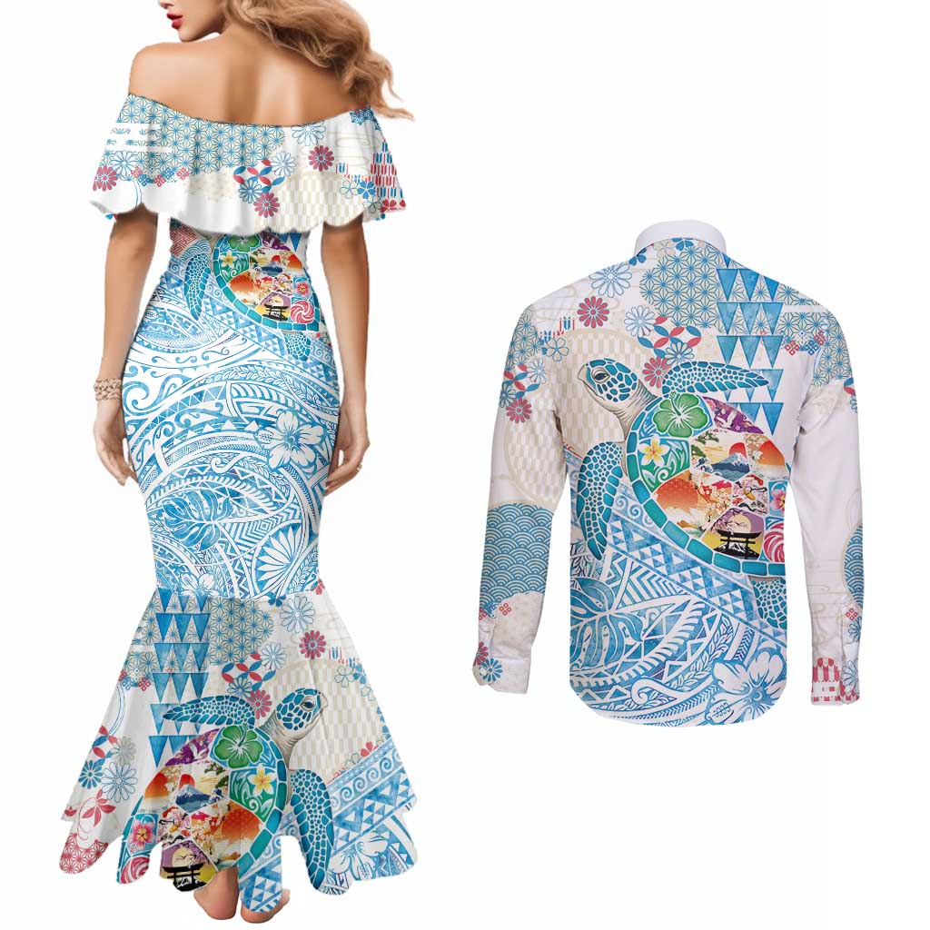 Hawaiian and Japanese Culture Together Couples Matching Mermaid Dress and Long Sleeve Button Shirt Tropical Honu with Japanese Elements Blue Color LT03 - Polynesian Pride