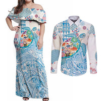 Hawaiian and Japanese Culture Together Couples Matching Off Shoulder Maxi Dress and Long Sleeve Button Shirt Tropical Honu with Japanese Elements Blue Color LT03 Blue - Polynesian Pride