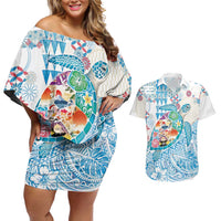 Hawaiian and Japanese Culture Together Couples Matching Off Shoulder Short Dress and Hawaiian Shirt Tropical Honu with Japanese Elements Blue Color LT03 Blue - Polynesian Pride