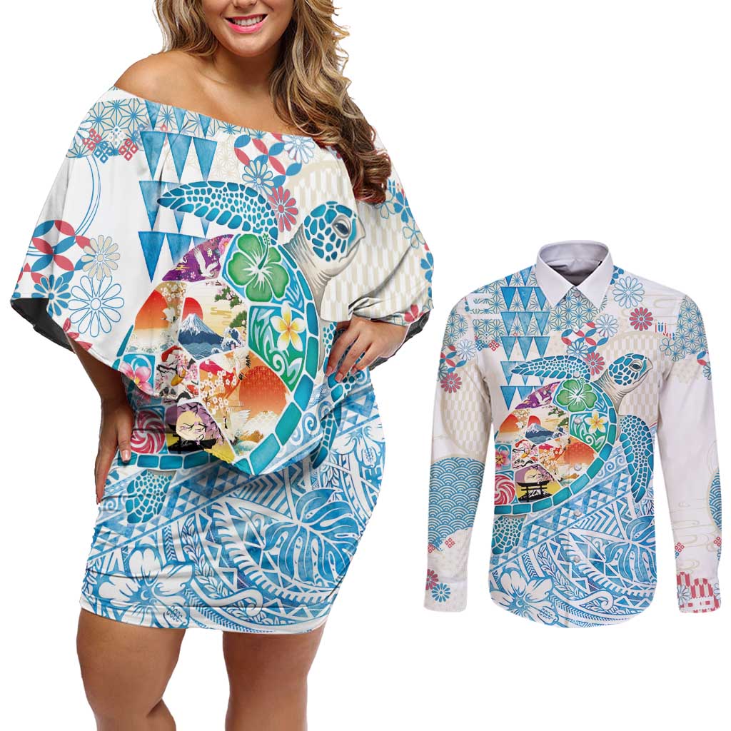 Hawaiian and Japanese Culture Together Couples Matching Off Shoulder Short Dress and Long Sleeve Button Shirt Tropical Honu with Japanese Elements Blue Color LT03 Blue - Polynesian Pride