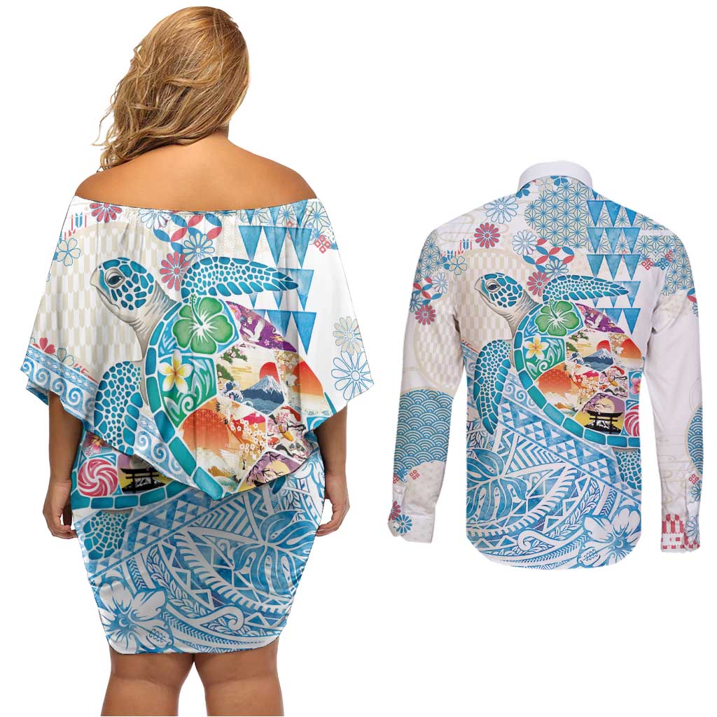 Hawaiian and Japanese Culture Together Couples Matching Off Shoulder Short Dress and Long Sleeve Button Shirt Tropical Honu with Japanese Elements Blue Color LT03 - Polynesian Pride
