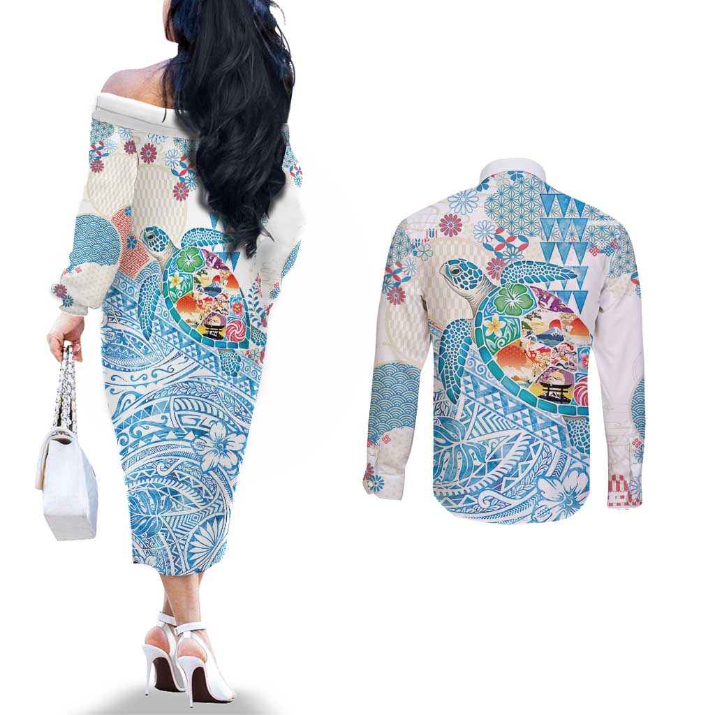 Hawaiian and Japanese Culture Together Couples Matching Off The Shoulder Long Sleeve Dress and Long Sleeve Button Shirt Tropical Honu with Japanese Elements Blue Color LT03 - Polynesian Pride