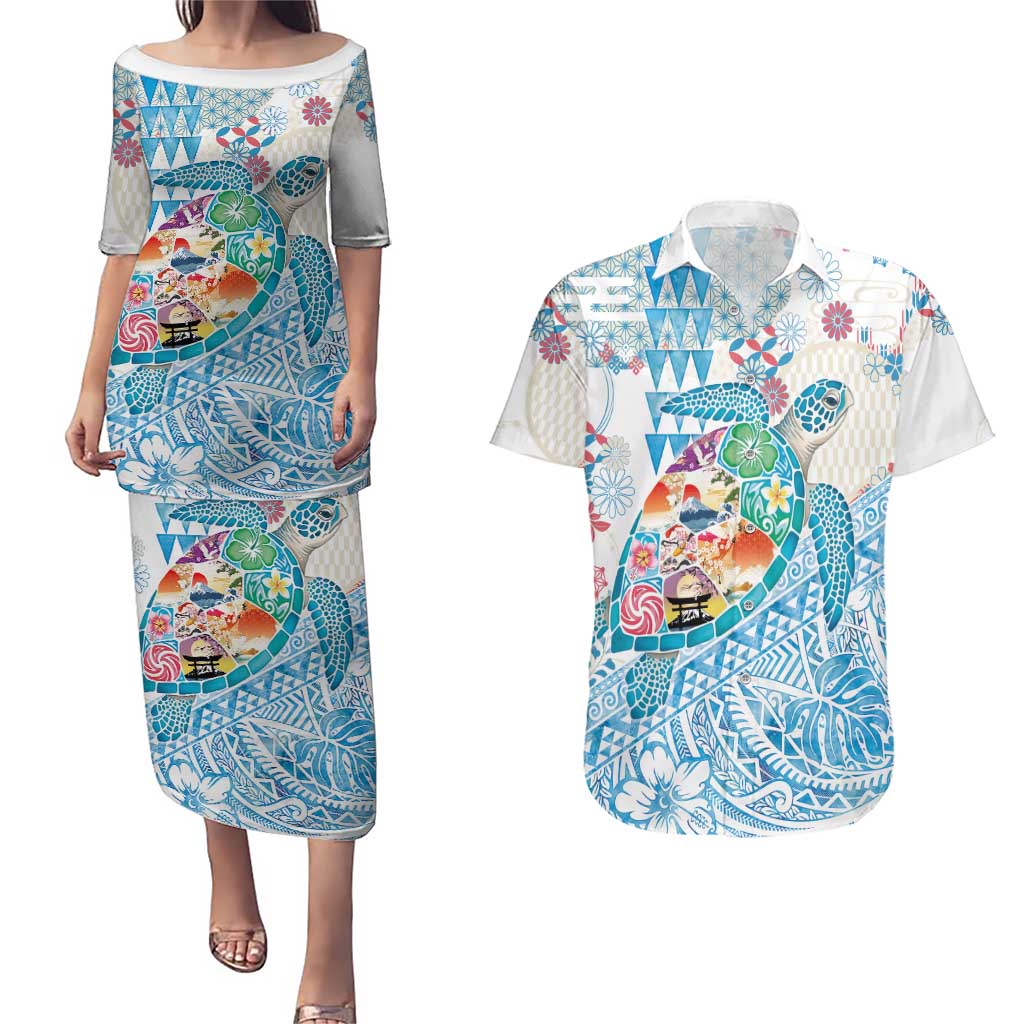 Hawaiian and Japanese Culture Together Couples Matching Puletasi and Hawaiian Shirt Tropical Honu with Japanese Elements Blue Color LT03 Blue - Polynesian Pride