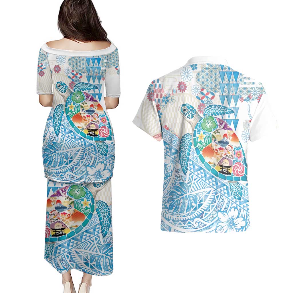 Hawaiian and Japanese Culture Together Couples Matching Puletasi and Hawaiian Shirt Tropical Honu with Japanese Elements Blue Color LT03 - Polynesian Pride