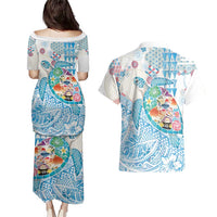 Hawaiian and Japanese Culture Together Couples Matching Puletasi and Hawaiian Shirt Tropical Honu with Japanese Elements Blue Color LT03 - Polynesian Pride