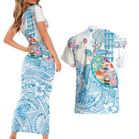 Hawaiian and Japanese Culture Together Couples Matching Short Sleeve Bodycon Dress and Hawaiian Shirt Tropical Honu with Japanese Elements Blue Color LT03 - Polynesian Pride