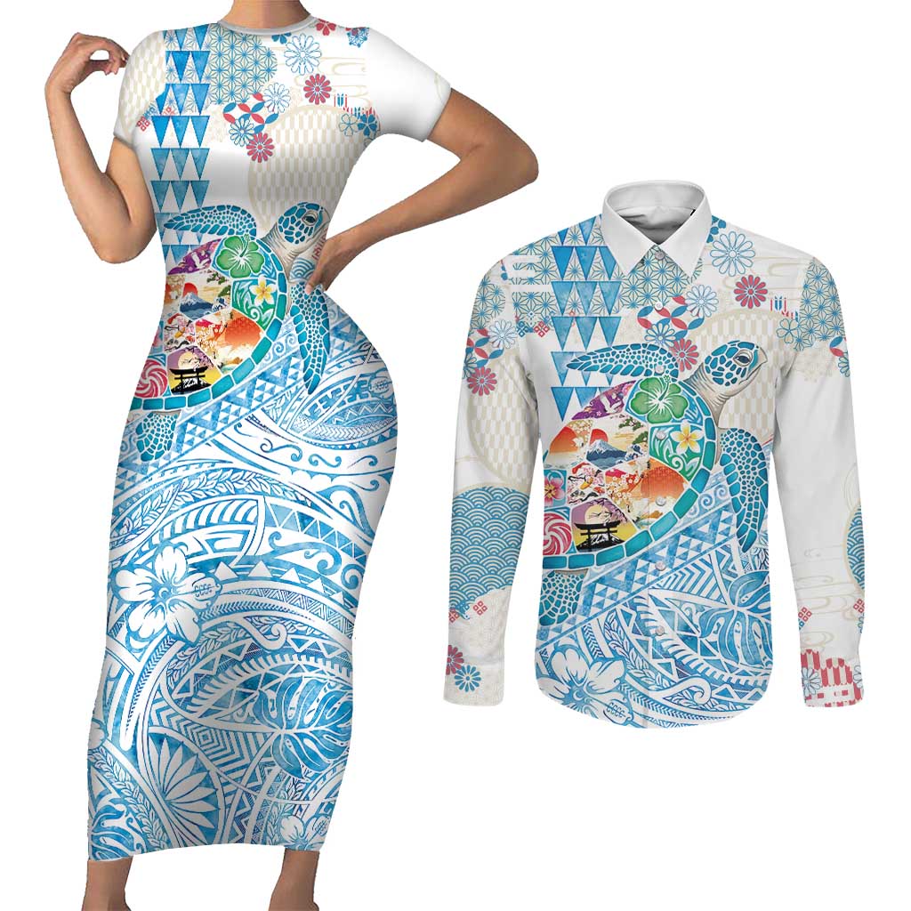 Hawaiian and Japanese Culture Together Couples Matching Short Sleeve Bodycon Dress and Long Sleeve Button Shirt Tropical Honu with Japanese Elements Blue Color LT03 Blue - Polynesian Pride