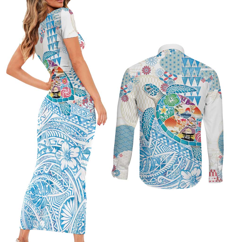 Hawaiian and Japanese Culture Together Couples Matching Short Sleeve Bodycon Dress and Long Sleeve Button Shirt Tropical Honu with Japanese Elements Blue Color LT03 - Polynesian Pride