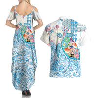 Hawaiian and Japanese Culture Together Couples Matching Summer Maxi Dress and Hawaiian Shirt Tropical Honu with Japanese Elements Blue Color LT03 - Polynesian Pride