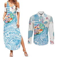 Hawaiian and Japanese Culture Together Couples Matching Summer Maxi Dress and Long Sleeve Button Shirt Tropical Honu with Japanese Elements Blue Color LT03 Blue - Polynesian Pride