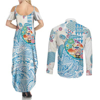 Hawaiian and Japanese Culture Together Couples Matching Summer Maxi Dress and Long Sleeve Button Shirt Tropical Honu with Japanese Elements Blue Color LT03 - Polynesian Pride