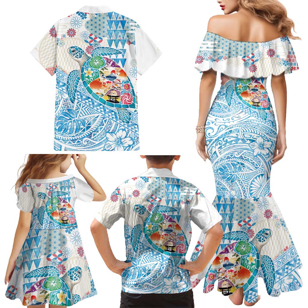 Hawaiian and Japanese Culture Together Family Matching Mermaid Dress and Hawaiian Shirt Tropical Honu with Japanese Elements Blue Color LT03 - Polynesian Pride
