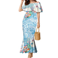 Hawaiian and Japanese Culture Together Family Matching Mermaid Dress and Hawaiian Shirt Tropical Honu with Japanese Elements Blue Color LT03 Mom's Dress Blue - Polynesian Pride
