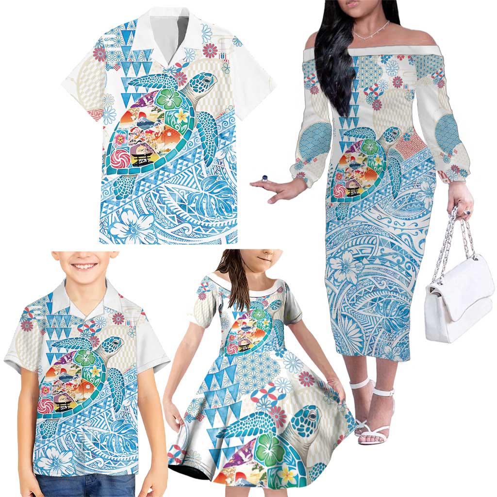 Hawaiian and Japanese Culture Together Family Matching Off The Shoulder Long Sleeve Dress and Hawaiian Shirt Tropical Honu with Japanese Elements Blue Color LT03 - Polynesian Pride
