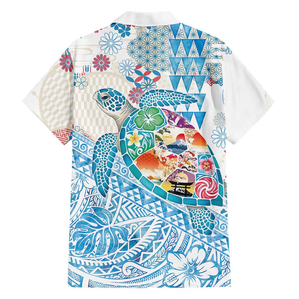 Hawaiian and Japanese Culture Together Family Matching Off The Shoulder Long Sleeve Dress and Hawaiian Shirt Tropical Honu with Japanese Elements Blue Color LT03 - Polynesian Pride