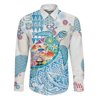 Hawaiian and Japanese Culture Together Family Matching Off The Shoulder Long Sleeve Dress and Hawaiian Shirt Tropical Honu with Japanese Elements Blue Color LT03 Dad's Shirt - Long Sleeve Blue - Polynesian Pride