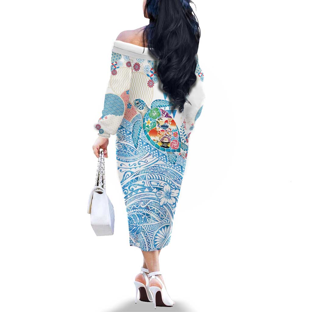 Hawaiian and Japanese Culture Together Family Matching Off The Shoulder Long Sleeve Dress and Hawaiian Shirt Tropical Honu with Japanese Elements Blue Color LT03 - Polynesian Pride