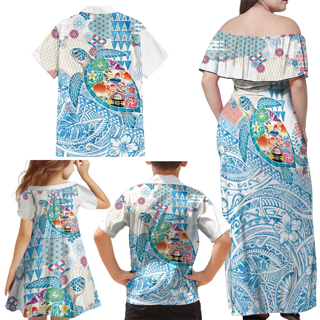 Hawaiian and Japanese Culture Together Family Matching Off Shoulder Maxi Dress and Hawaiian Shirt Tropical Honu with Japanese Elements Blue Color LT03 - Polynesian Pride