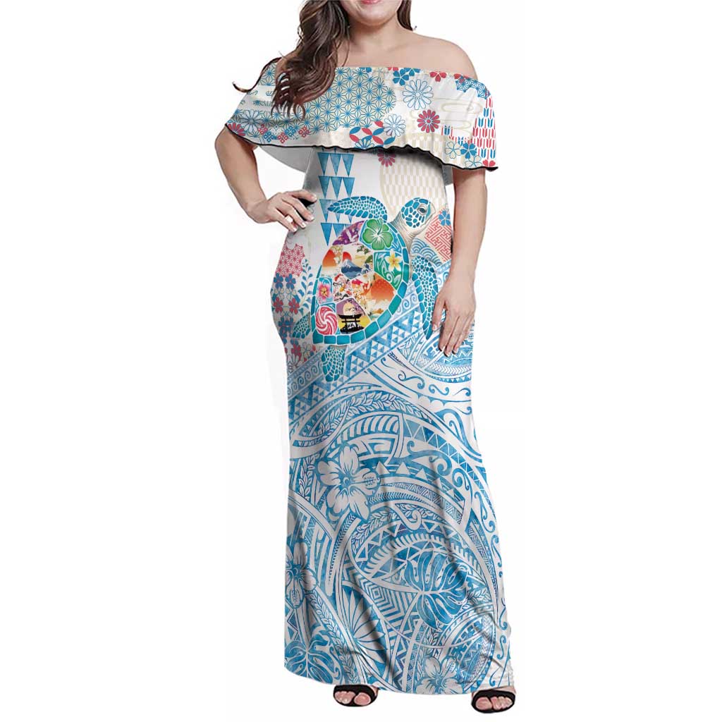 Hawaiian and Japanese Culture Together Family Matching Off Shoulder Maxi Dress and Hawaiian Shirt Tropical Honu with Japanese Elements Blue Color LT03 Mom's Dress Blue - Polynesian Pride