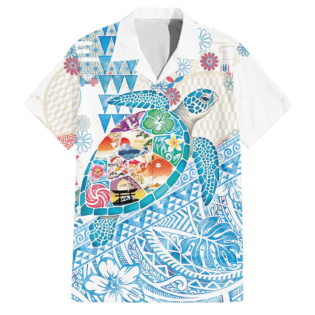 Hawaiian and Japanese Culture Together Family Matching Off Shoulder Short Dress and Hawaiian Shirt Tropical Honu with Japanese Elements Blue Color LT03 Dad's Shirt - Short Sleeve Blue - Polynesian Pride