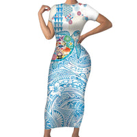 Hawaiian and Japanese Culture Together Family Matching Short Sleeve Bodycon Dress and Hawaiian Shirt Tropical Honu with Japanese Elements Blue Color LT03 Mom's Dress Blue - Polynesian Pride