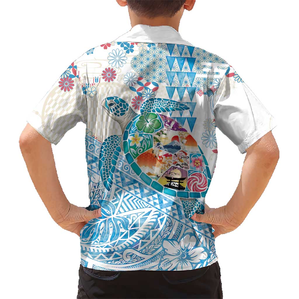 Hawaiian and Japanese Culture Together Family Matching Tank Maxi Dress and Hawaiian Shirt Tropical Honu with Japanese Elements Blue Color LT03 - Polynesian Pride