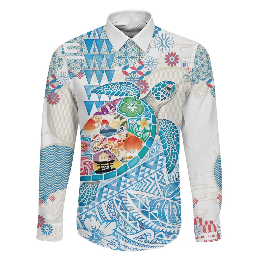 Hawaiian and Japanese Culture Together Family Matching Tank Maxi Dress and Hawaiian Shirt Tropical Honu with Japanese Elements Blue Color LT03 Dad's Shirt - Long Sleeve Blue - Polynesian Pride