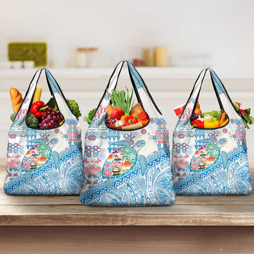 Hawaiian and Japanese Culture Together Grocery Bag Tropical Honu with Japanese Elements Blue Color