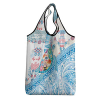 Hawaiian and Japanese Culture Together Grocery Bag Tropical Honu with Japanese Elements Blue Color