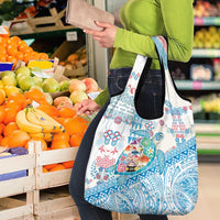 Hawaiian and Japanese Culture Together Grocery Bag Tropical Honu with Japanese Elements Blue Color