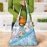 Hawaiian and Japanese Culture Together Grocery Bag Tropical Honu with Japanese Elements Blue Color