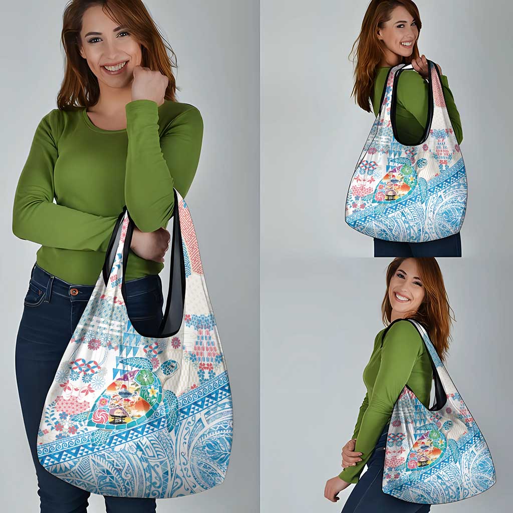 Hawaiian and Japanese Culture Together Grocery Bag Tropical Honu with Japanese Elements Blue Color