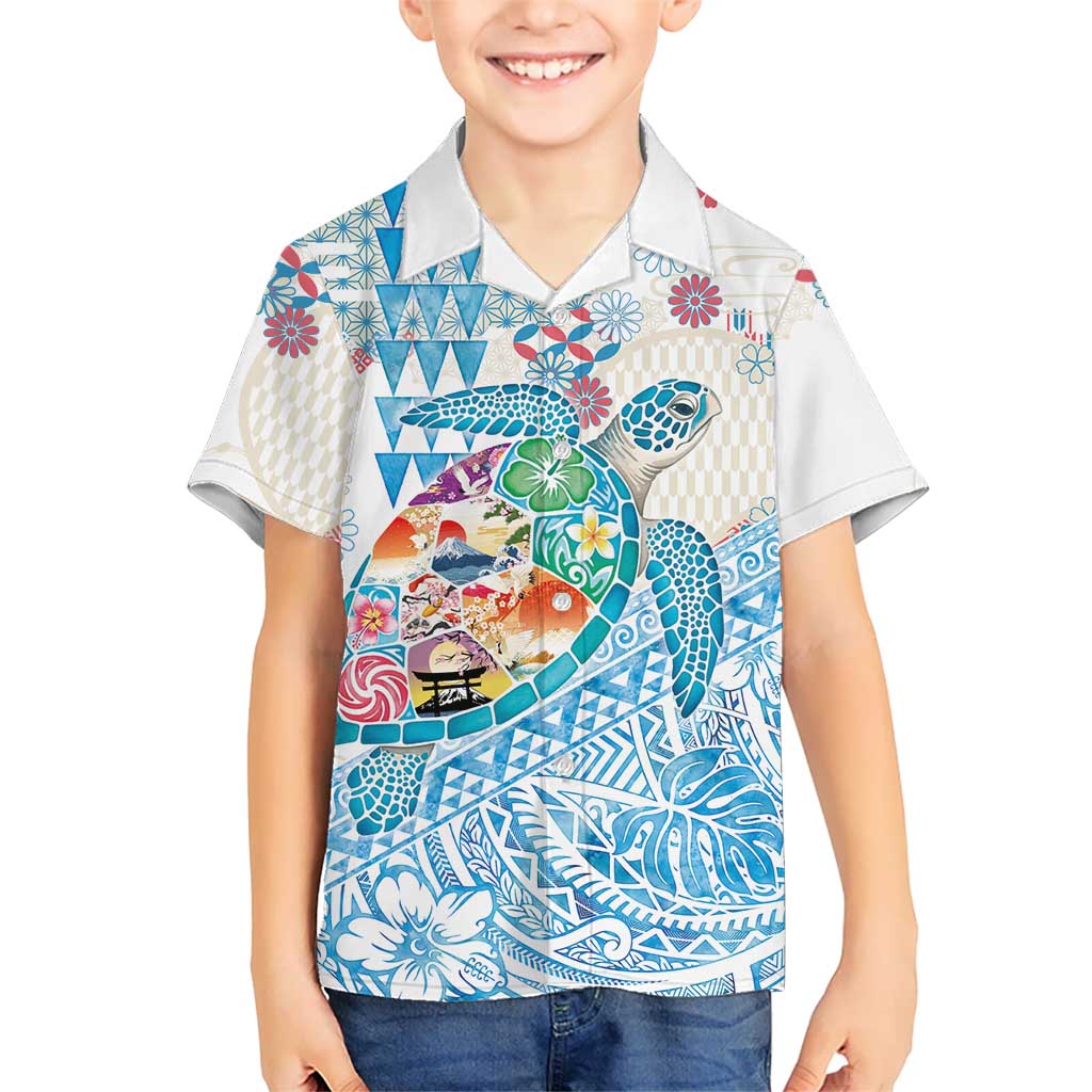Hawaiian and Japanese Culture Together Hawaiian Shirt Tropical Honu with Japanese Elements Blue Color