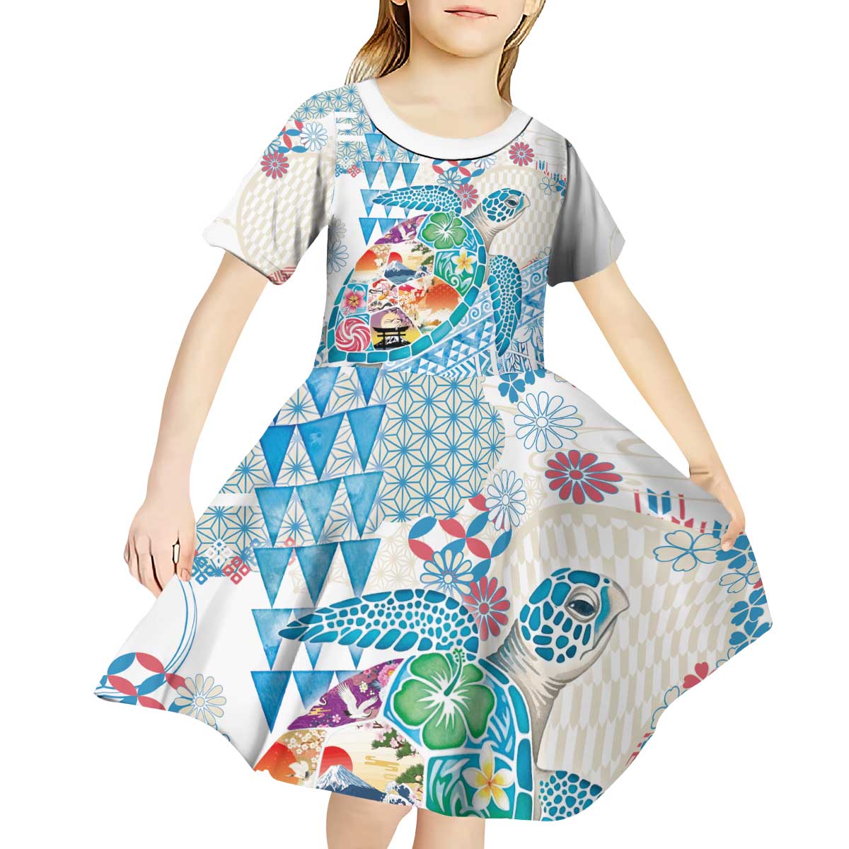 Hawaiian and Japanese Culture Together Kid Short Sleeve Dress Tropical Honu with Japanese Elements Blue Color LT03 - Polynesian Pride