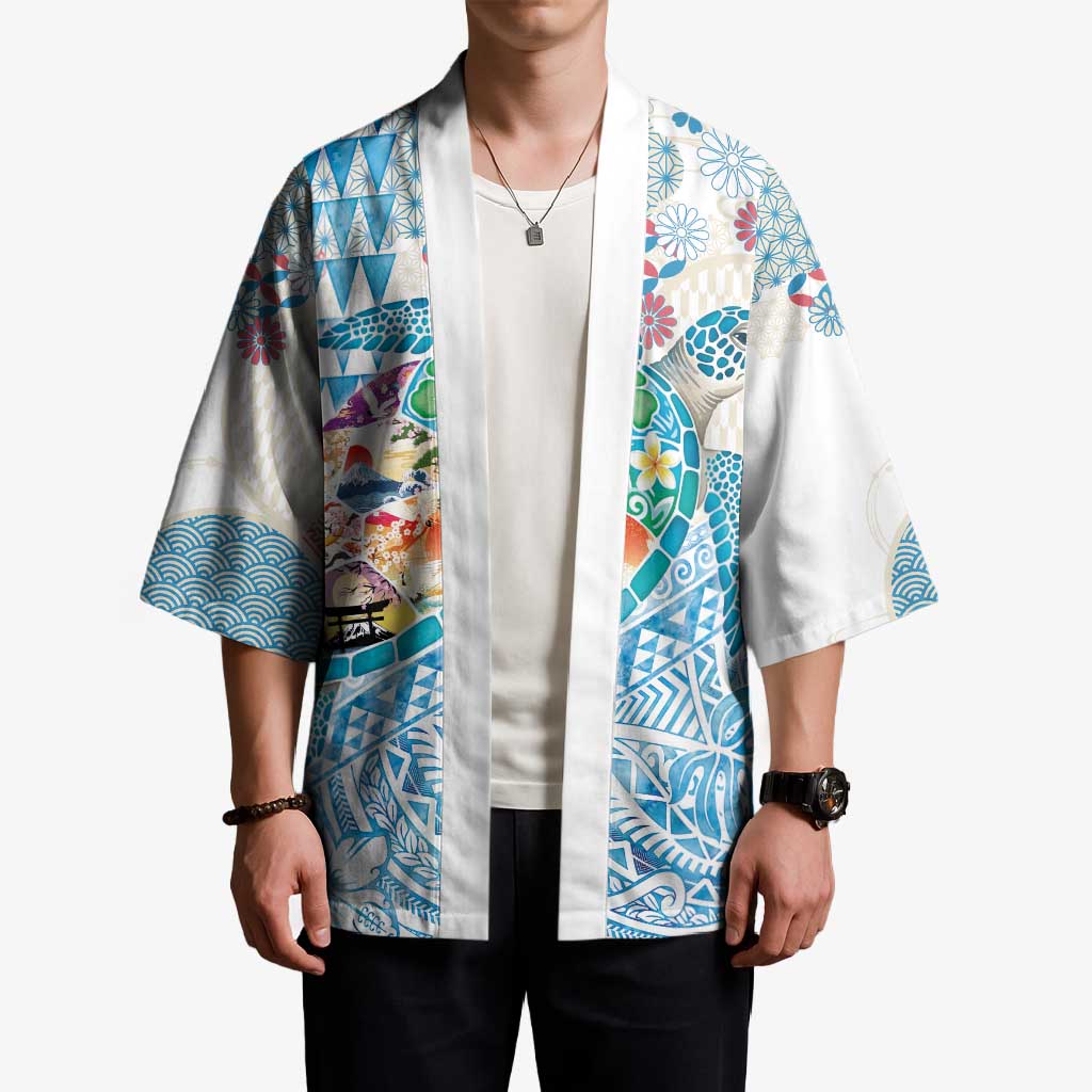 Hawaiian and Japanese Culture Together Kimono Tropical Honu with Japanese Elements Blue Color