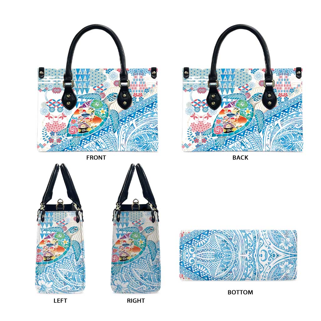 Hawaiian and Japanese Culture Together Leather Bag Tropical Honu with Japanese Elements Blue Color