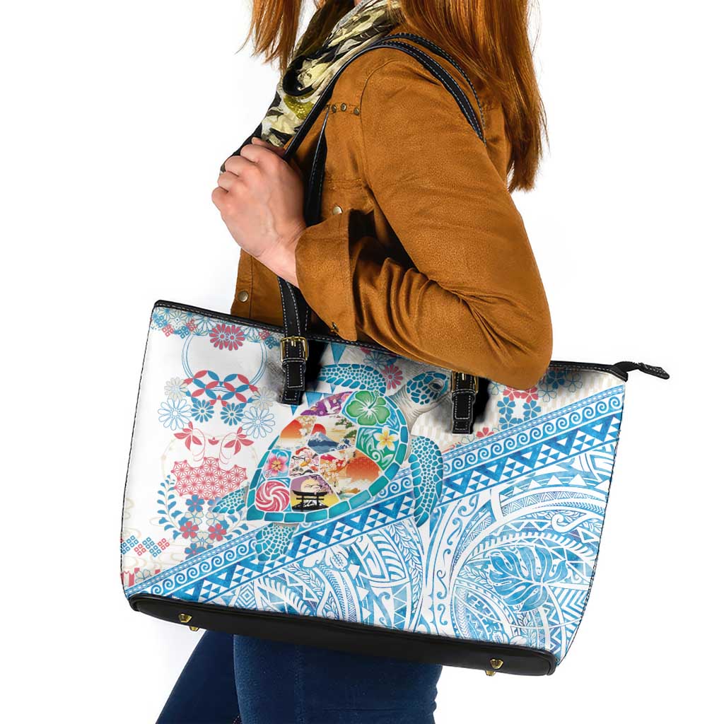 Hawaiian and Japanese Culture Together Leather Tote Bag Tropical Honu with Japanese Elements Blue Color LT03 Blue - Polynesian Pride