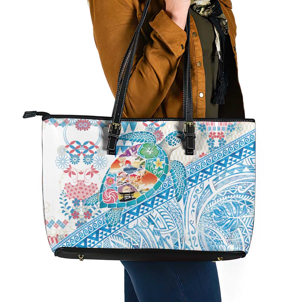 Hawaiian and Japanese Culture Together Leather Tote Bag Tropical Honu with Japanese Elements Blue Color LT03 - Polynesian Pride