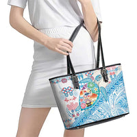 Hawaiian and Japanese Culture Together Leather Tote Bag Tropical Honu with Japanese Elements Blue Color LT03 - Polynesian Pride
