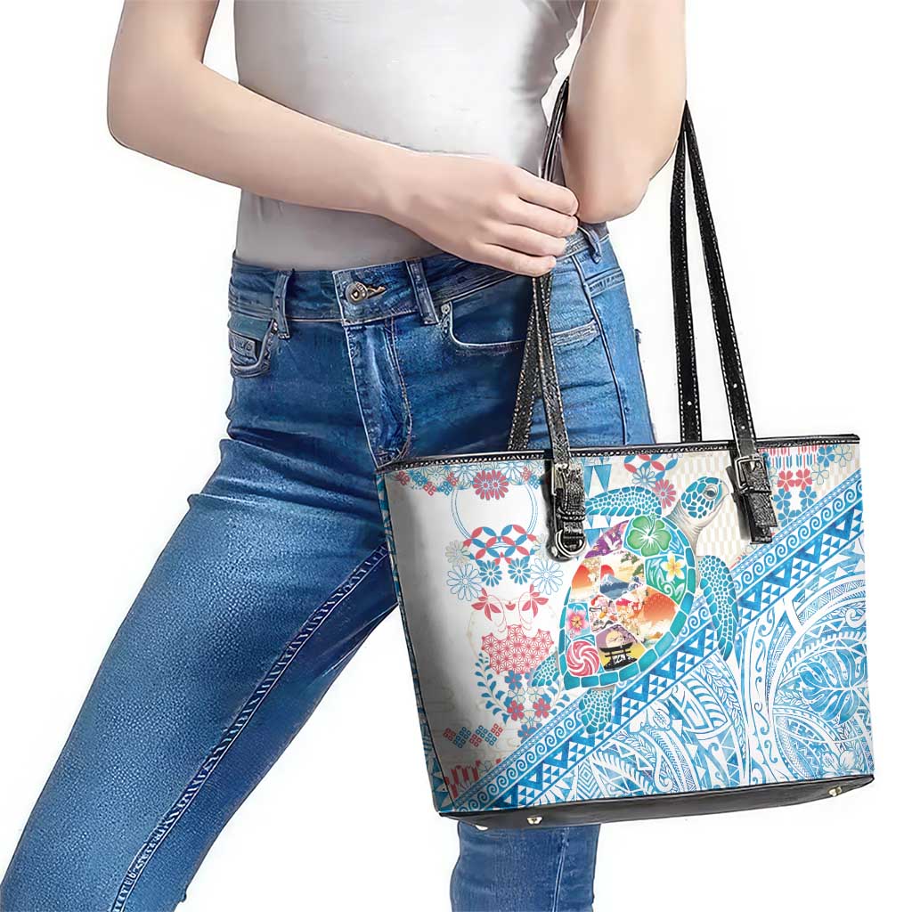 Hawaiian and Japanese Culture Together Leather Tote Bag Tropical Honu with Japanese Elements Blue Color LT03 - Polynesian Pride