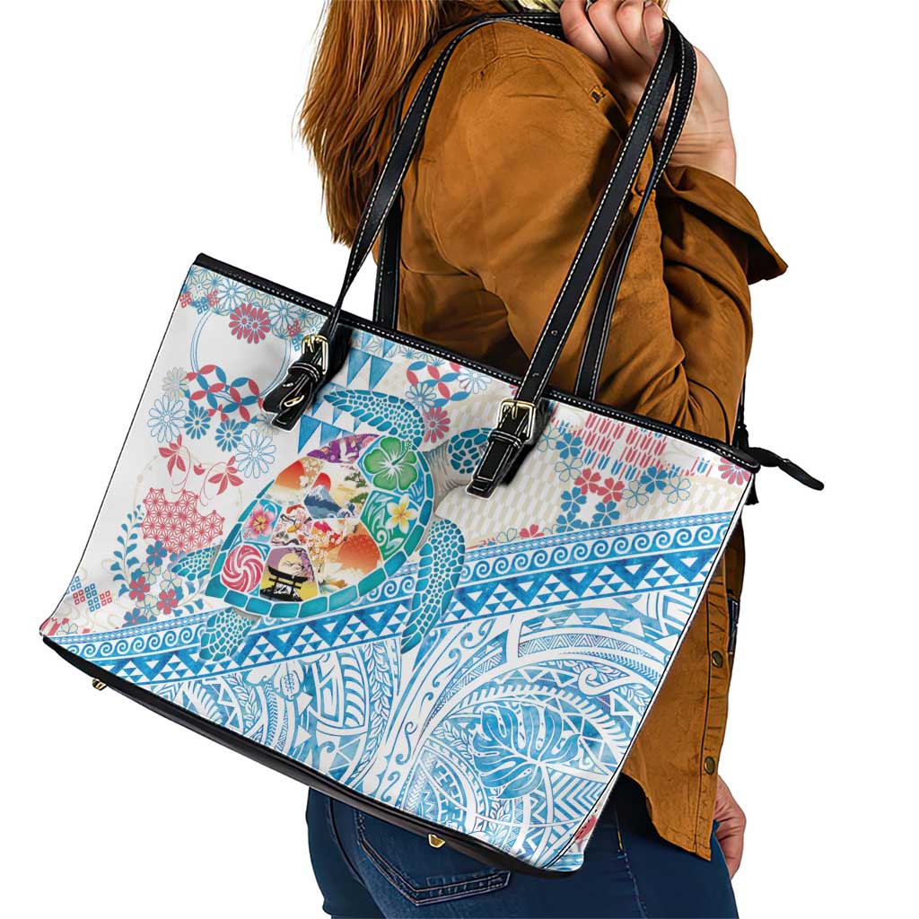 Hawaiian and Japanese Culture Together Leather Tote Bag Tropical Honu with Japanese Elements Blue Color LT03 - Polynesian Pride