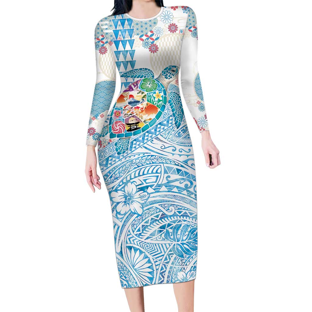 Hawaiian and Japanese Culture Together Long Sleeve Bodycon Dress Tropical Honu with Japanese Elements Blue Color LT03 Long Dress Blue - Polynesian Pride