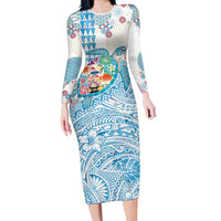 Hawaiian and Japanese Culture Together Long Sleeve Bodycon Dress Tropical Honu with Japanese Elements Blue Color LT03 Long Dress Blue - Polynesian Pride