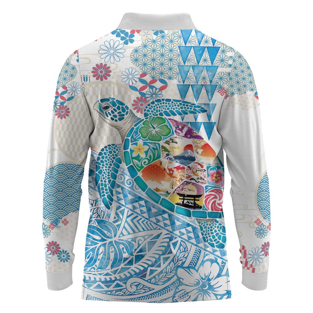 Hawaiian and Japanese Culture Together Long Sleeve Polo Shirt Tropical Honu with Japanese Elements Blue Color