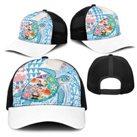 Hawaiian and Japanese Culture Together Mesh Trucker Cap Tropical Honu with Japanese Elements Blue Color