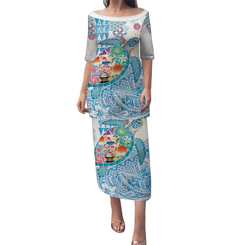 Hawaiian and Japanese Culture Together Puletasi Tropical Honu with Japanese Elements Blue Color