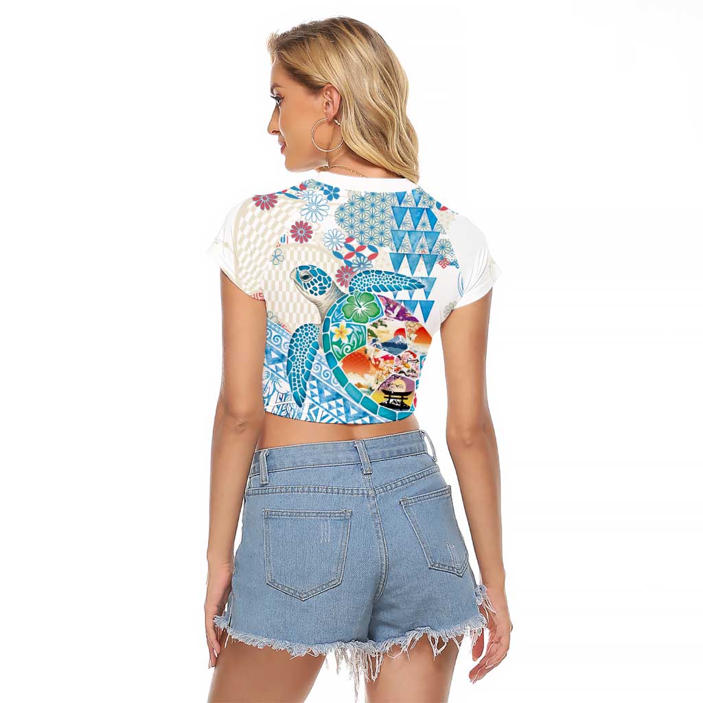 Hawaiian and Japanese Culture Together Raglan Cropped T Shirt Tropical Honu with Japanese Elements Blue Color LT03 - Polynesian Pride