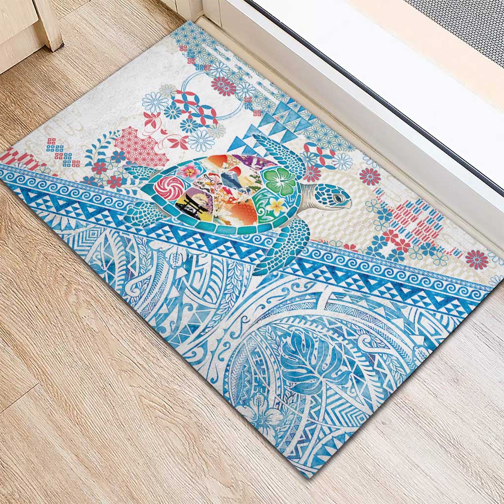 Hawaiian and Japanese Culture Together Rubber Doormat Tropical Honu with Japanese Elements Blue Color