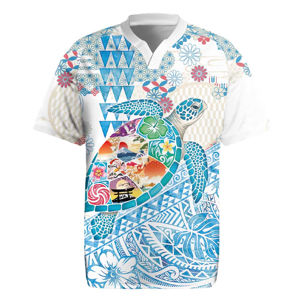 Hawaiian and Japanese Culture Together Rugby Jersey Tropical Honu with Japanese Elements Blue Color