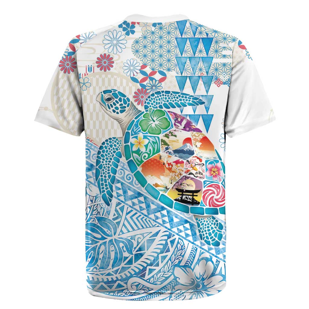 Hawaiian and Japanese Culture Together Rugby Jersey Tropical Honu with Japanese Elements Blue Color